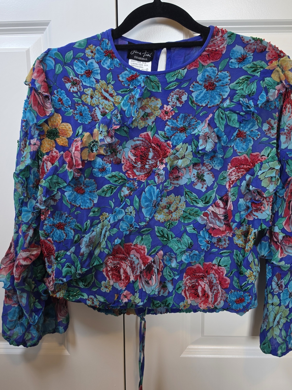 RARE DIANE FREIS ORIGINAL 100% SILK HAND BEADED FLORAL BLOUSE BOHO VINTAGE TOP M